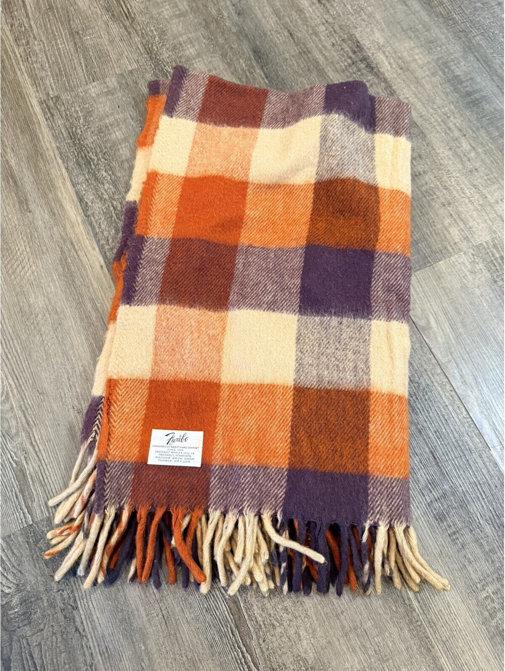 FARIBO Orange & Brown 100% Fall wool fringed throw blanket 50 x 44” EUC